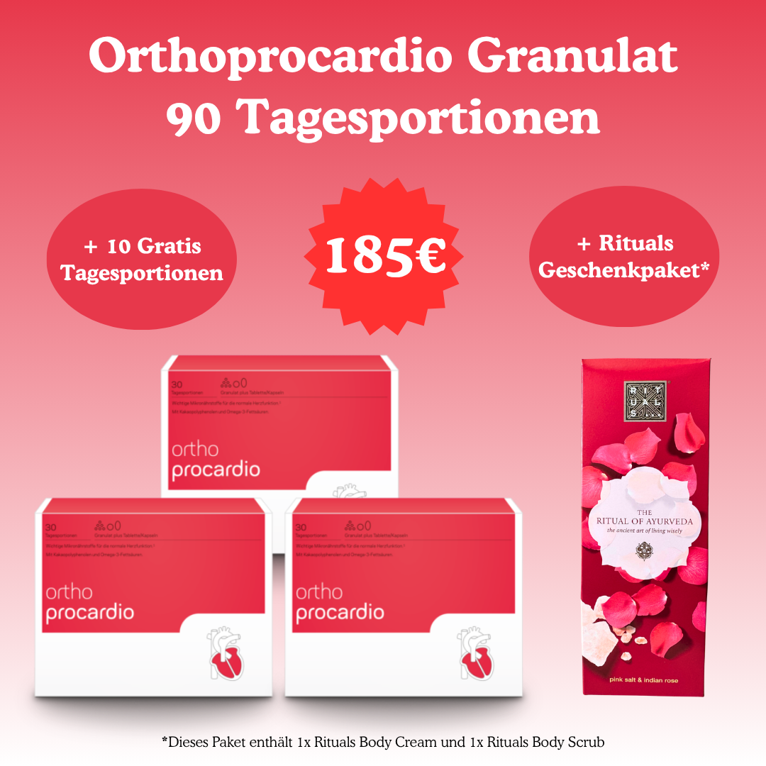 Orthoprocardio Granulat 90 Tagesportionen + 10 Gratis Tagesportionen & Rituals Geschenkpaket