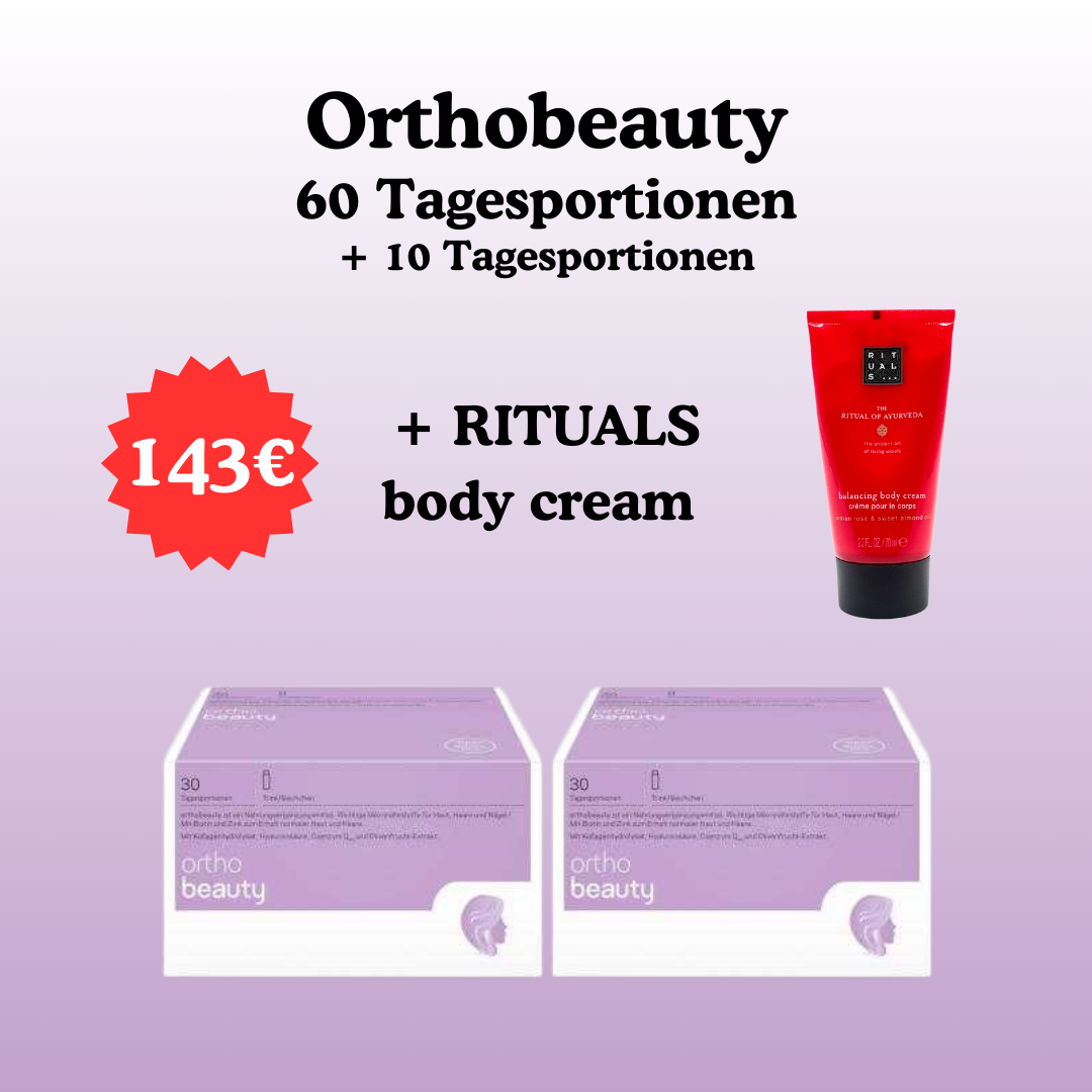 Orthobeauty Trinkfläschchen 60 Tagesportionen + 10 Tagesportionen + RITUALS body cream