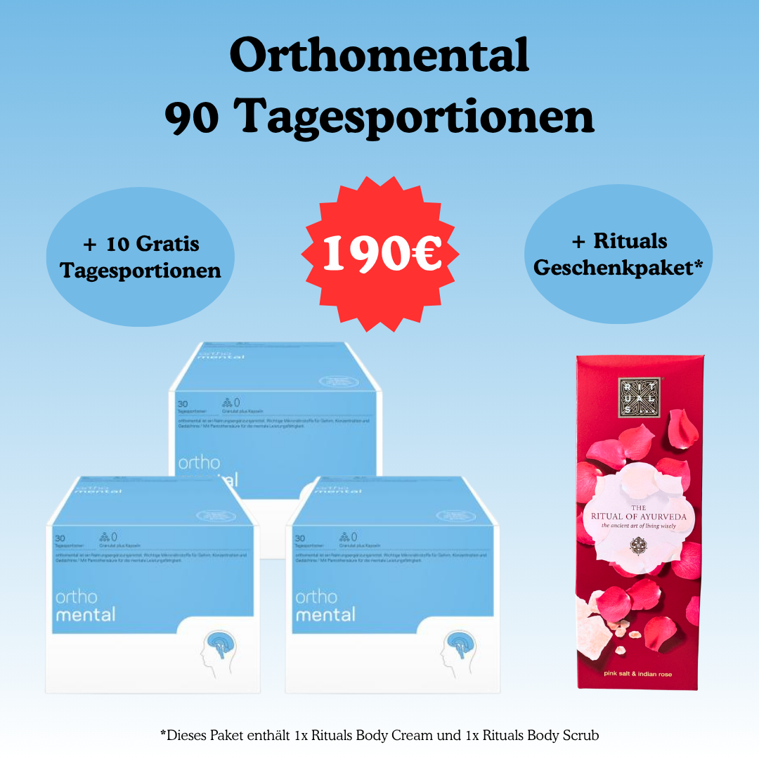 Orthomental Granulat, 90 Tagesportionen + 10 Gratis Tagesportionen & Rituals Geschenkpaket